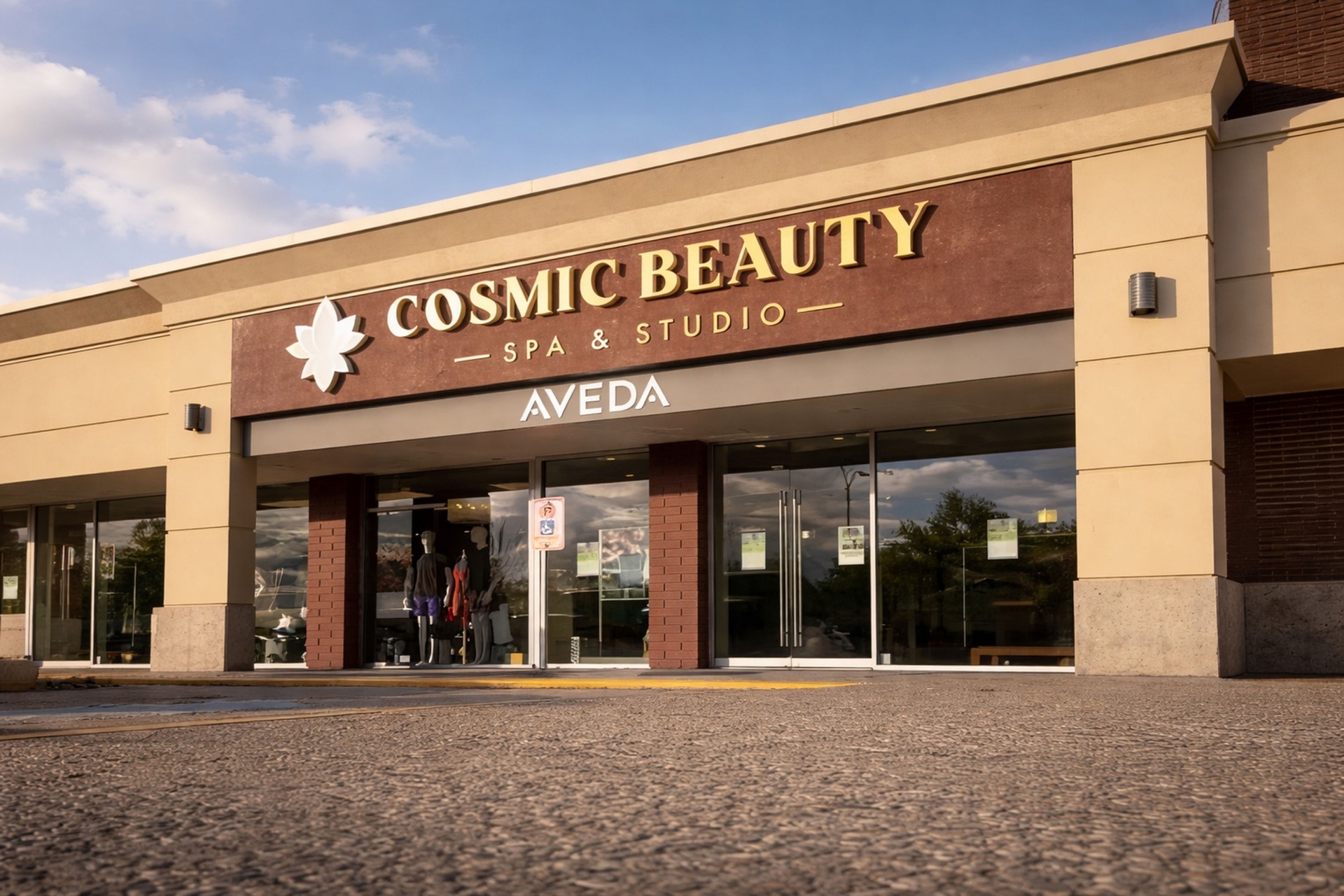 Cosmic Beauty Spa & Studio storefront at dusk